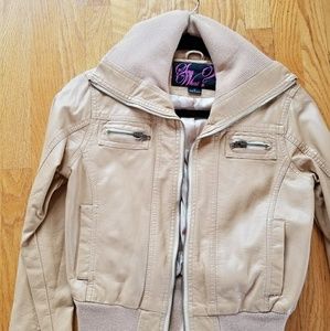 Camel color vegan leather bomber jacket